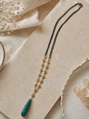 Marie Chavez | Long Gunmetal & Gold-Tone Carved Teal Pendant Necklace
